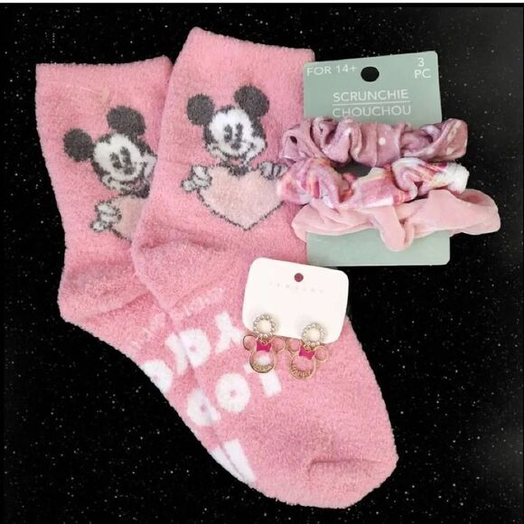 Disney Pink Mickey Socks Minnie Earrings And Hair Scrunchies Bundle NWT - Picture 5 of 13